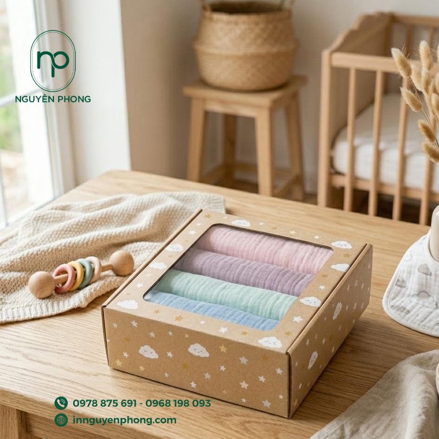 in hộp đựng khăn xô, khăn sữa cho em bé